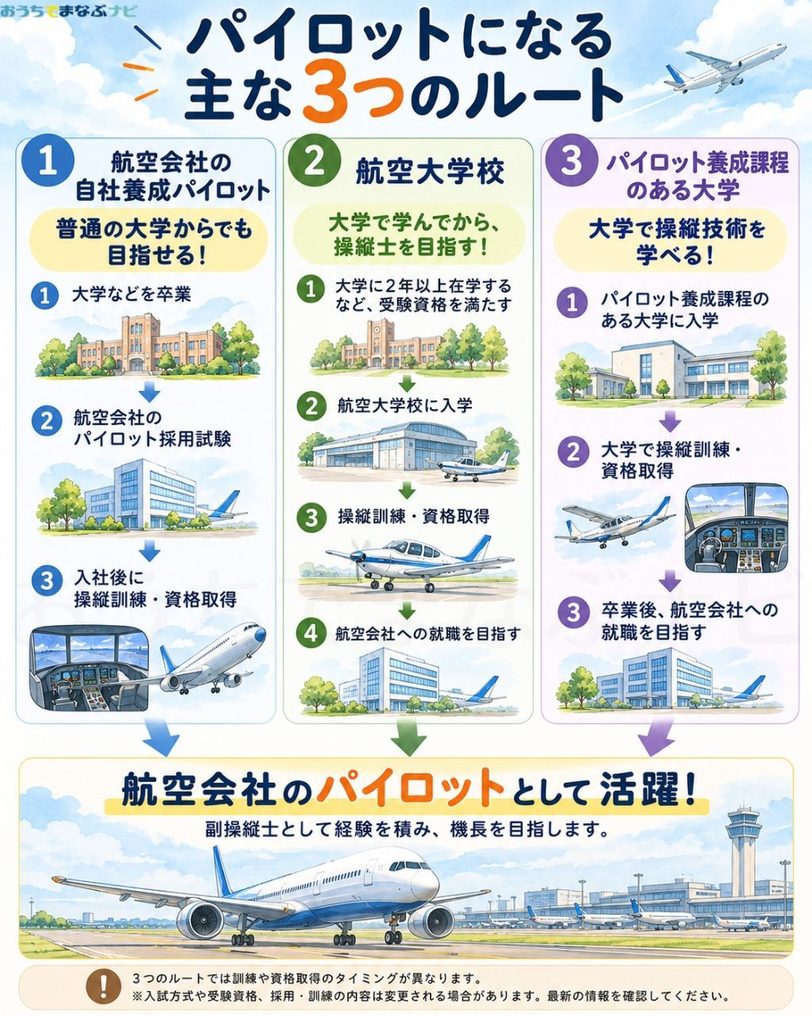 パイロットになる主な3つのルート図解